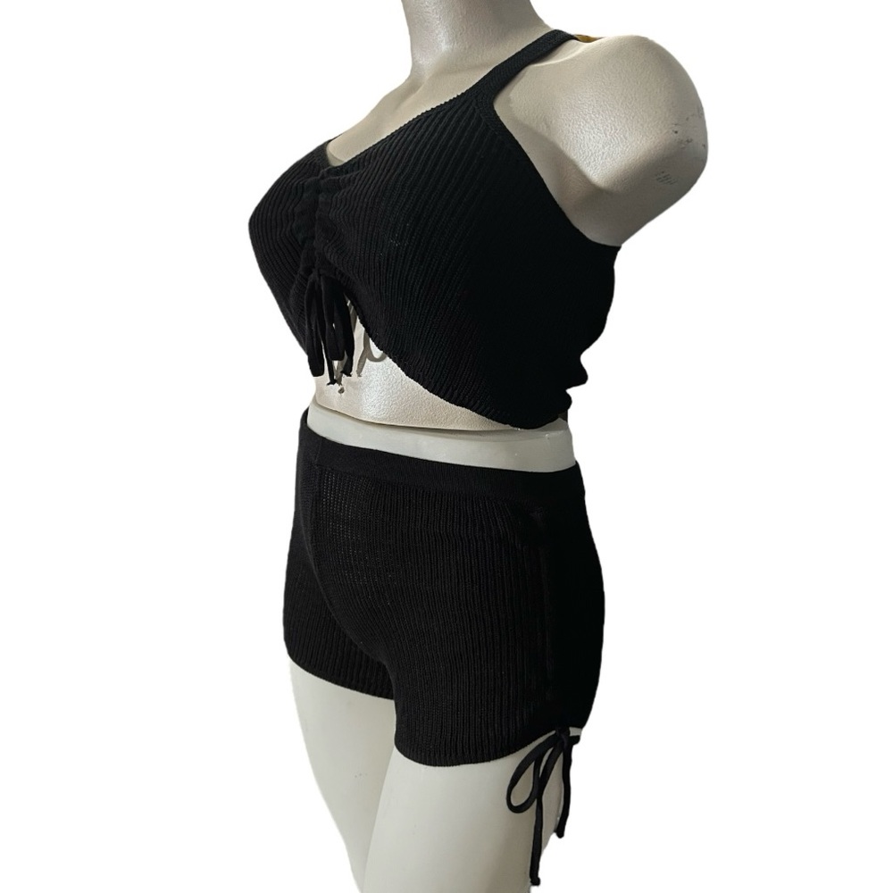 JOLIE & JOY 2PC Summer Set Crochet Knit Tie Cinched Crop Top and Shorts Black L - Picture 3 of 7